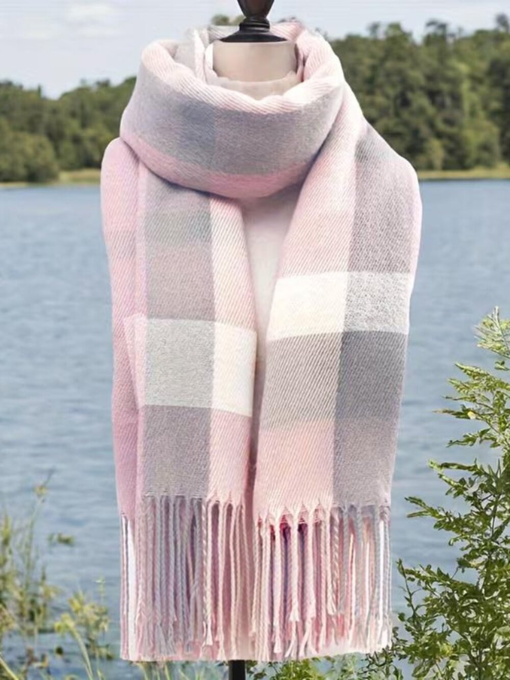 PINK & GREY PLAID SCARF